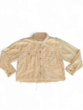 American Eagle Medium Cropped Button Down Oversized Jacket Tan Cut off Raw Edge